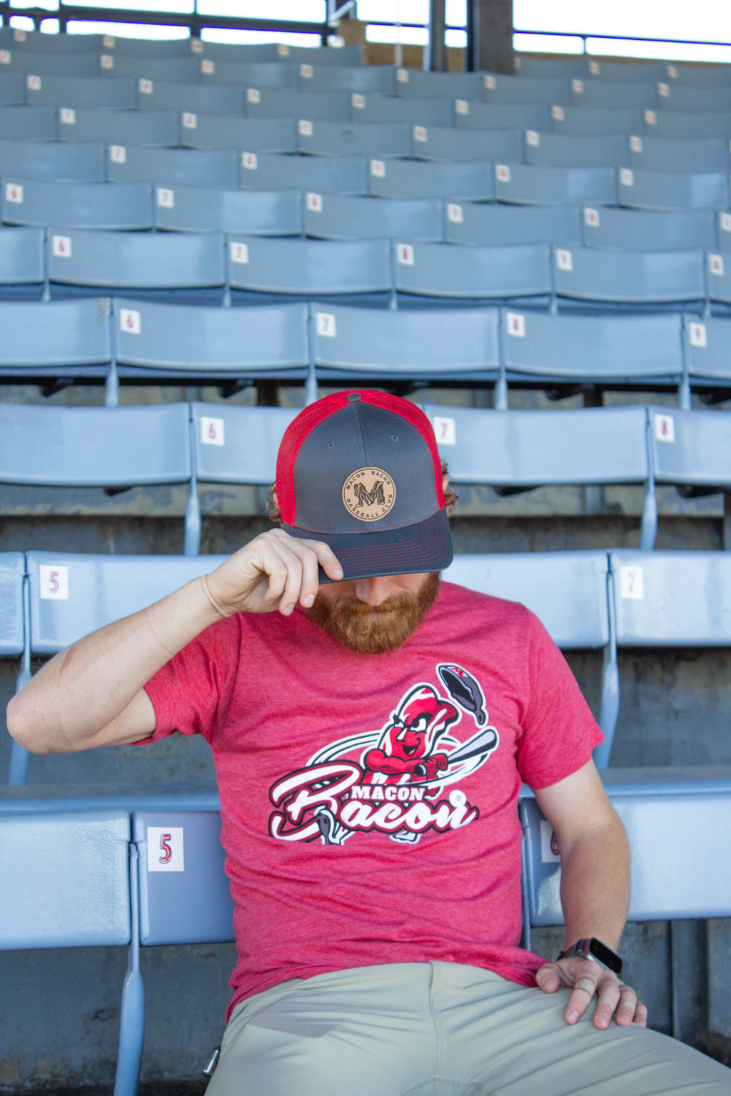 Grey and Red "M" patch Trucker Hat